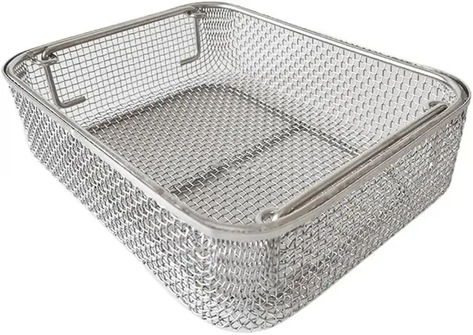 Durable Stainless Steel Sterilization Basket Close-up of a stainless steel mesh basket empty, showing wire construction and handles.