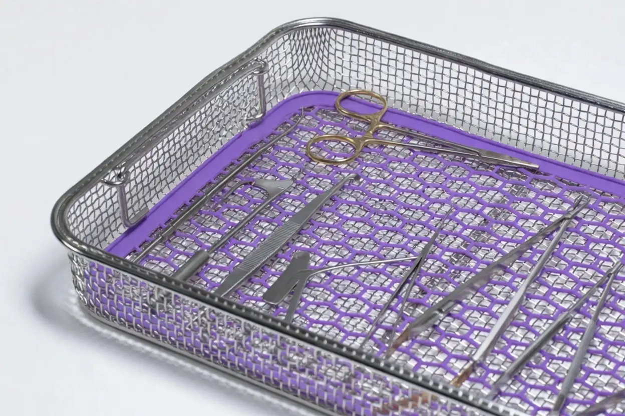 Custom Sterilization Tray Loaded with Surgical Instruments Basket filled with surgical tools like forceps and scalpels, arranged neatly with dividers.